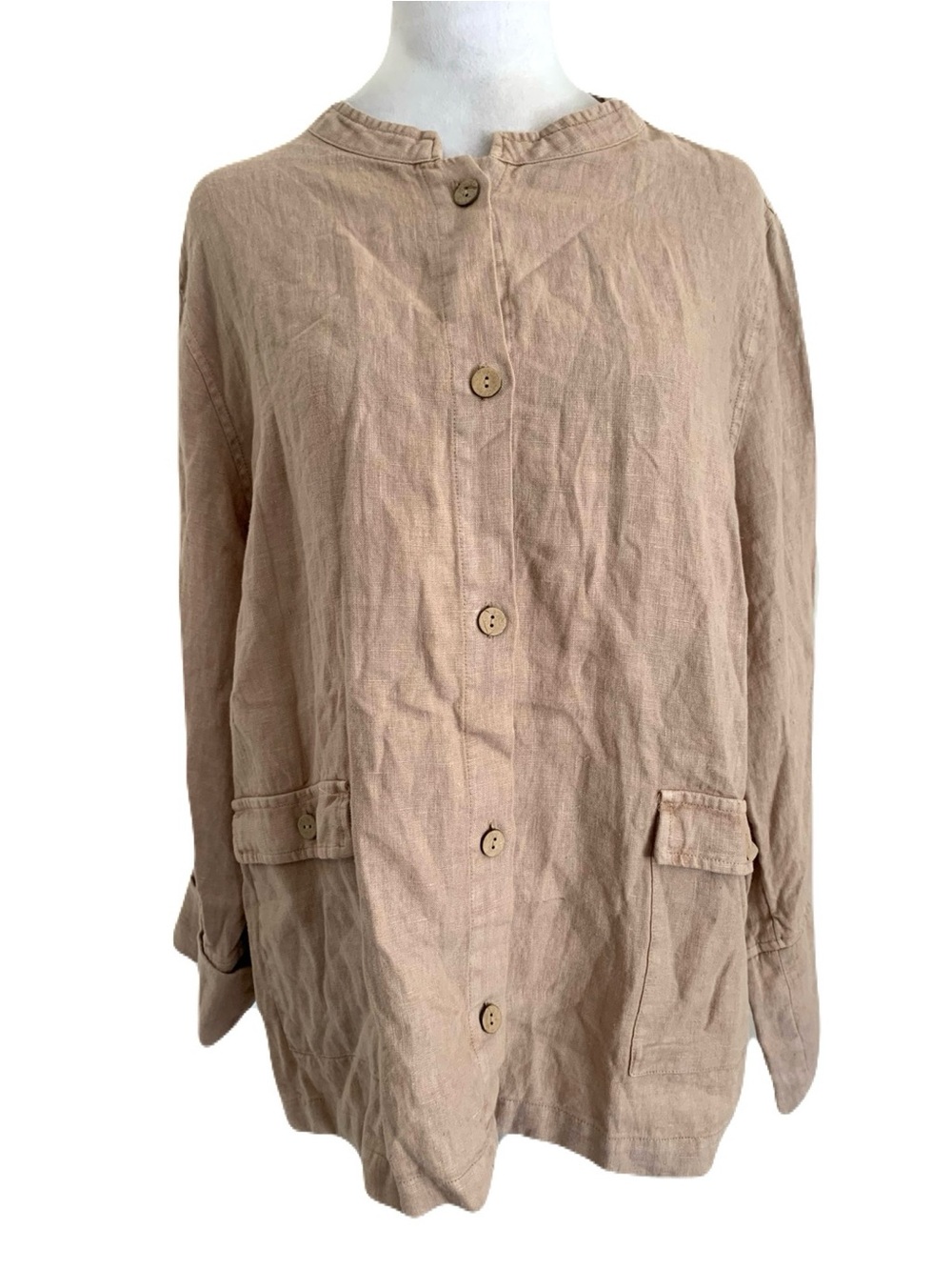 NWT Tahari XL Neutral Beige Mandarin Collar Button-Front Women's Shirt Jacket